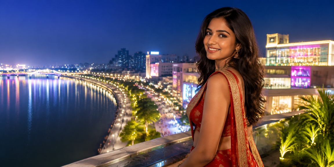 Mobile lottery game engagement near Ahmedabad riverfront at evening