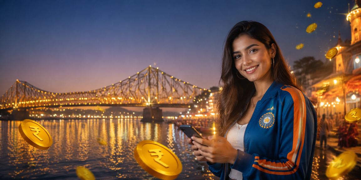 Rupee currency and cricket bet displayed with Howrah Bridge in Kolkata background
